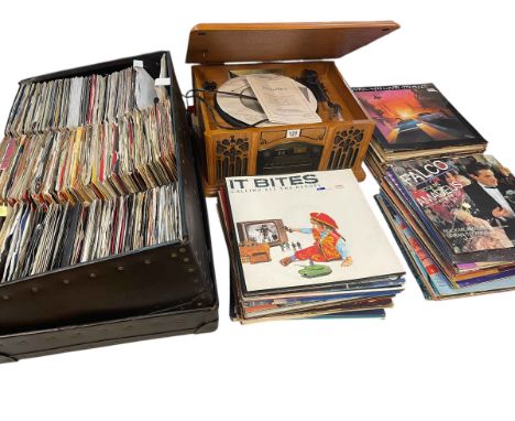 Prolectrix turntable, radio, CD & cassette player, LP records and singles.