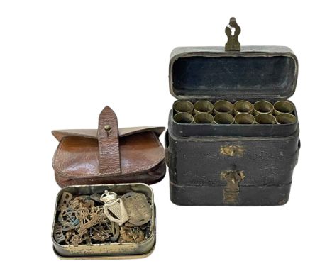 19th Century James Dixon & Son shotgun cartridge case, 1917 ammunition case and tin with badges and dog tags.