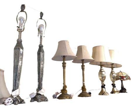 Three pairs of table lamps and Tiffany style table lamp.