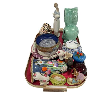 Large green Sylvac rabbit, Losol wall vase, pair of Plitcha cats, two Royal Crown Derby coffee cups and saucers, three Beatri