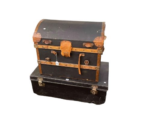 Vintage canvas, leather and copper bound dome top travelling trunk and vintage tin trunk (2).