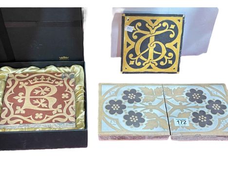 Four Encaustic tiles after Augustus Welby Pugin manufactured by Minton, comprising one boxed from Palace of Westminster with 