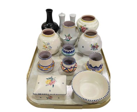 Collection of Poole Pottery vases, butter dish, condiments, etc.