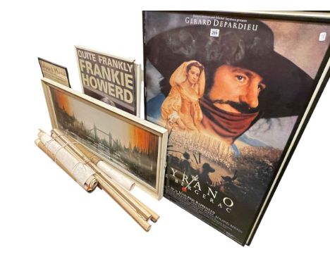 Four framed posters including films, Tower Bridge print and collection of Ordnance Survey maps.