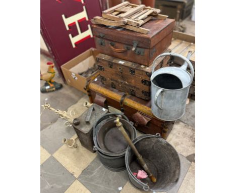 A vintage Esso can, galvanised ware, trunks, etc. 