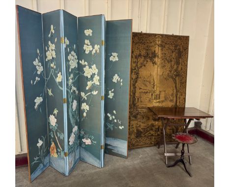 A large floral folding dressing screen, a Brussels style tapestry and a beech folding table 