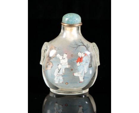 A CHINESE INSIDE PAINTED GLASS SNUFF BOTTLE19th/20th century, inscribed with seal marks, decorated with figures in boats to o