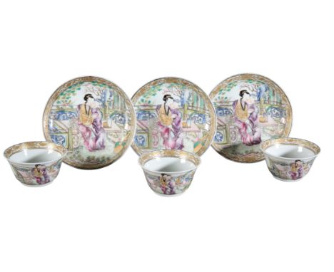 A SET OF THREE CHINESE PORCELAIN FAMILLE ROSE TEA BOWLS AND SAUCERSprobably Qianlong period, decorated with figures seated at