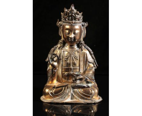 A GILT BRONZE FIGURE OF SEATED GUANYIN Ming dynasty or later, seated in dhyanasana, the right hand held in vitarkamudra, the 