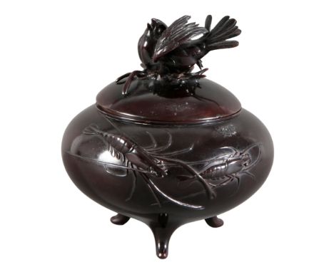 A JAPANESE BRONZE KOROsigned to the base, Meiji period, the lid cast with an animated sparrow in water, the body decorated wi