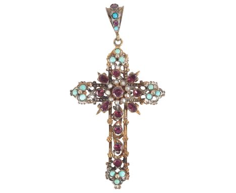 A GARNET, PEARL AND TURQUOISE INSET CROSS PENDANT 19th century, possibly Chinese export, in a silver gilt setting, remnants o