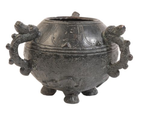 A CHINESE BRONZE TRIPOD CENSER probably Qing dynasty, with three animals head loop handles, 7.5cm highProvenance: Wabey House