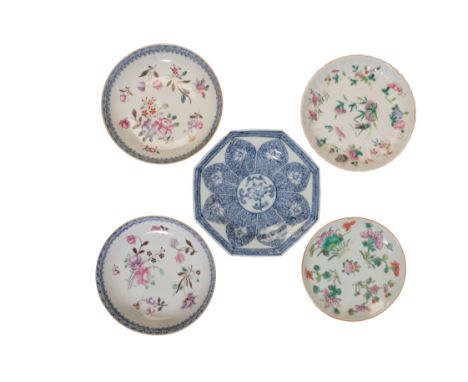 A PAIR OF CHINESE EXPORT PORCELAIN FAMILLE ROSE SAUCERS 18th/19th century, decorated with floral sprays, 13.5cm diameter; tog