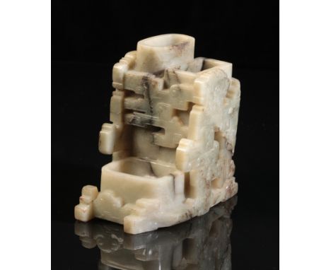 A CHINESE PALE CELADON JADE FLOWER VASEprobably Qing dynasty, of unusual archaistic design, with a rectangular and oval apert