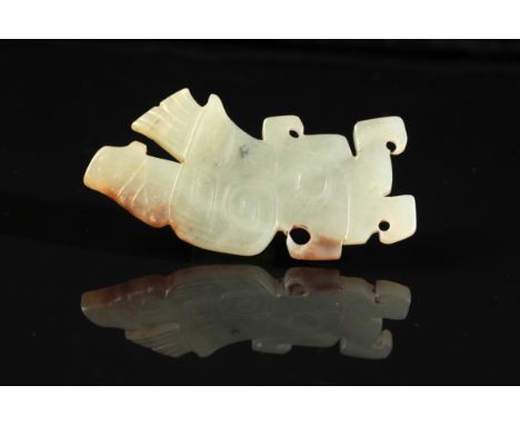 A CHINESE JADE BIRD PENDANT possibly Shang or Western Zhou period, of stylised form, with carved hooked beak and plumage, inc