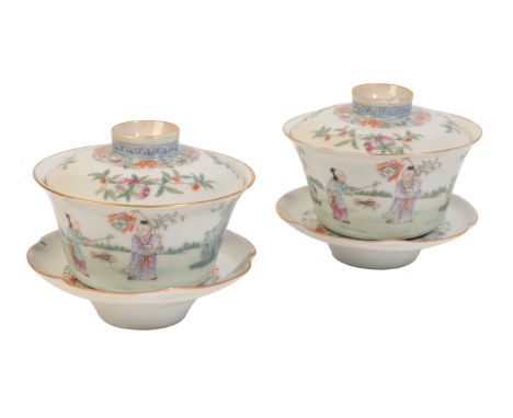 A PAIR OF CHINESE PORCELAIN TEACUPS, STAND AND COVERSbearing four character seal marks, probably early 20th century, the bowl