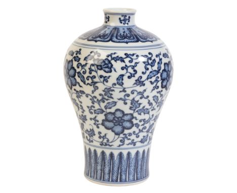 A CHINESE PORCELAIN BLUE AND WHITE MEIPING VASEbearing a six character Qianlong seal mark to the base, 20th century, the body