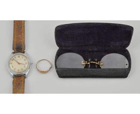 Helvetia gent's wristwatch, circa 1950's, a 9ct gold ring and a pair of 12ct spectacles (3).