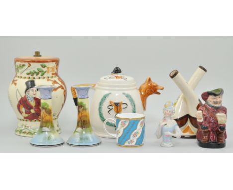 Crown Devon lamp base, John Peel, a novelty fox teaset, a Royal Doulton Toby jug, Sir John Falstaff, Noritake part dressing t