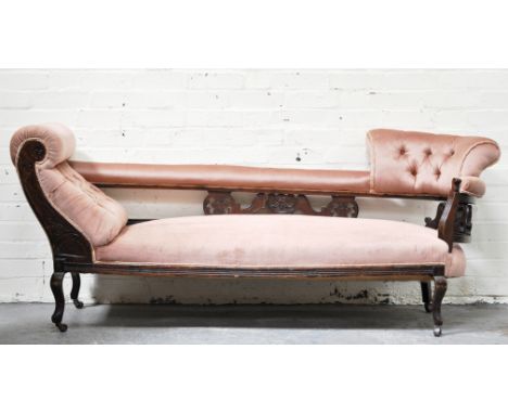 Victorian mahogany double-ended chaise longue, with salmon coloured button-back upholstery, cabriole legs, castor feet. 145cm