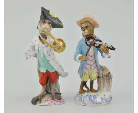 Dresden porcelain Monkey Band figure of a Horn player, perhaps late 19th Century, 16cms and another Monkey Band figure of a V