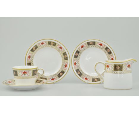 Royal Crown Derby part teaset, Derby Borders pattern, to include nine cups, eight saucers, eight cake plates and one cream ju