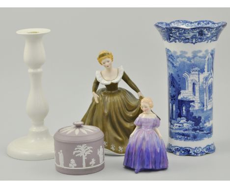 Royal Doulton figure, Marie HN1370, Geraldine HN2348, a Beswick candlestick and other various decorative ceramics (2 boxes).