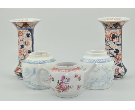 19th Century Chinese bullet-shaped teapot, (no lid), a pair of Imari pattern vases, two blue and white ginger jars, etc., (1 