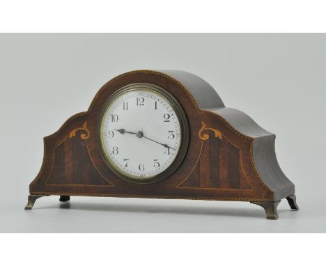 Edwardian inlaid mahogany mantel clock, white enamel dial, bracket feet, height 14cm.