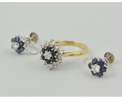 18ct sapphire diamond ring, together with a matching pair of ear-rings.