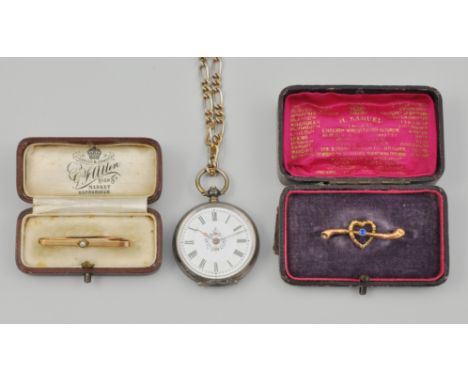 9ct and seed pearl tie pin, another 9ct gold tie pin together with a white metal fob watch (3).