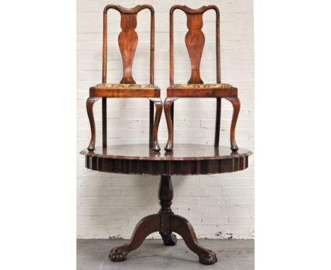 Matched mahogany dining suite, comprising of a circular tripod table, ball and claw feet, four dining chairs and a sideboard,
