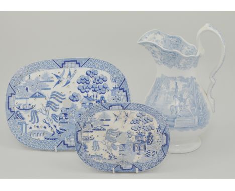 Staffordshire printware jug and bowl, Orient pattern, mid 19th Century, another Staffordshire basin, Napoleon pattern, togeth