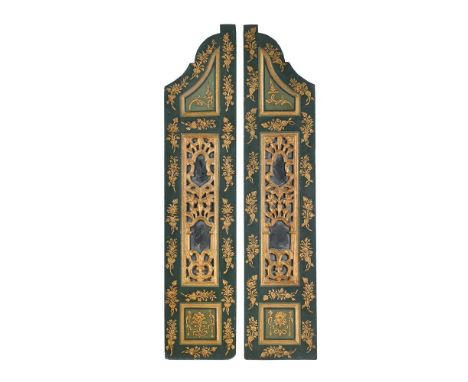 A PAIR OF DAMASCUS PAINTED WOOD DOORS SYRIA, 19TH CENTURYCombining to form a mihrab shape, relief carved and floral polychrom