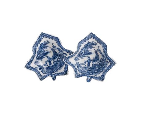 A PAIR OF CAUGHLEY BLUE AND WHITE PRINTED 'FISHERMAN & CORMORANT' PATTERN LEAF-SHAPED PICKLE DISHESCIRCA 1780Salopian marks, 