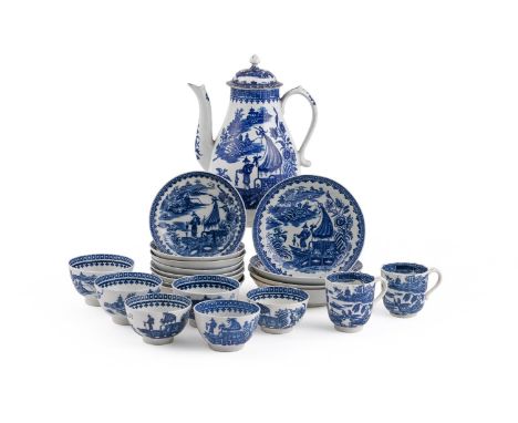 A COMPOSITE GROUP OF WORCESTER AND CAUGHLEY PORCELAIN 'FISHERMAN AND CORMORANT' PATTERN TEA AND COFFEE WARESCIRCA 1780Compris