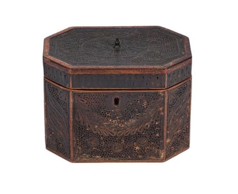 A GEORGE III ROLLED PAPER TEA CADDY CIRCA 1790 Of octagonal section, with internal lid11cm high, 15cm wide, 10cm deep