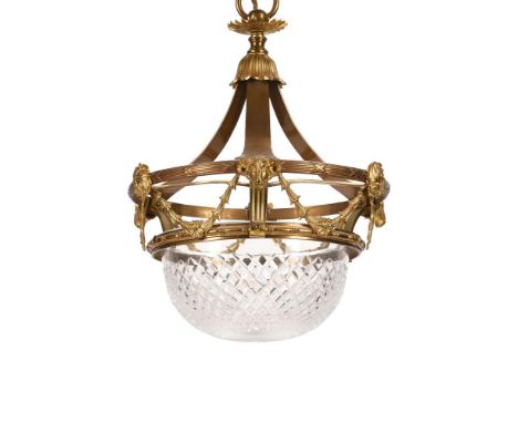 A GILT METAL AND CLEAR GLASS HANGING CEILING LIGHT 20TH CENTURYWith ram's-heads, swags, and patera52cm high