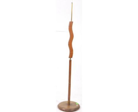 British Modern Design - Mid century teak and brass floor standing standard lamp light. Circular wooden foot, brass and teak c