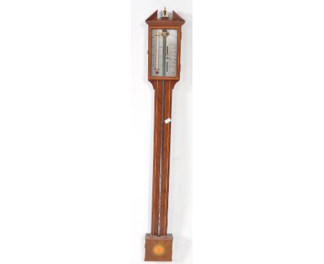 V Edwardian early 20th century stick wall barometer / thermometer. Inlaid mahogany case with silver face, with level and ther