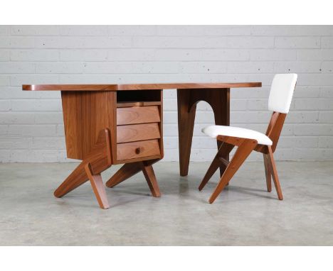 A 'ZC' desk and a 'V' chair, originally designed by Zanine Caldas in 1950, these by Etel, Brazil, 2019, the desk with a shape