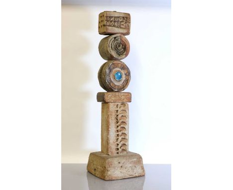 ▴ Bernard Rooke (b.1938),1960s, a studio pottery totem floor lamp, throughout with incised decoration, with blue enamel medal