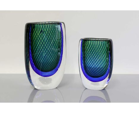 Two Kosta Boda sommerso glass vases,late 1950s, designed by Vicke Lindstrand, each of ovoid form, decorated in green and blue