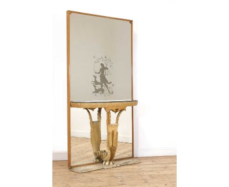 A FontanaArte mirrored console, 1950s, the mirror back etched with Diana the Huntress, within a blondewood frame, centred wit