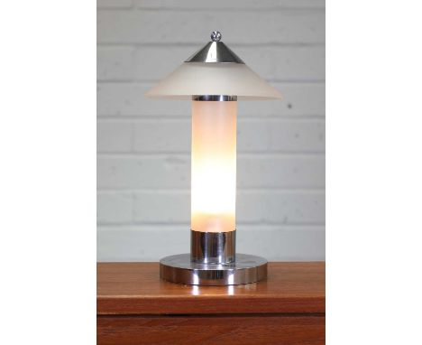 A chrome table lamp, by Marc Erol, 1930s, with a cylindrical frosted-glass column and a conical shade, 15cm diameter27cm high