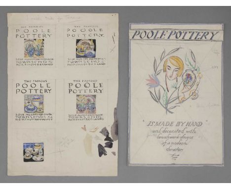 Two Poole Pottery advertisement designs,1920s, both attributed to Truda Carter, one showing an Olive Bourne Art Deco design a