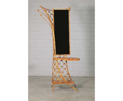 A French painted-metal hallstand,1970s, of organic form, the wired back with a rectangular mirror plate, over a kidney-shaped