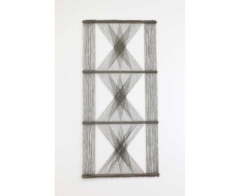 ▴ Peter Collingwood (1922-2008)'M.48 No.9'a microgauze wall hanging of woven khaki linen and steel, signed on label and stamp