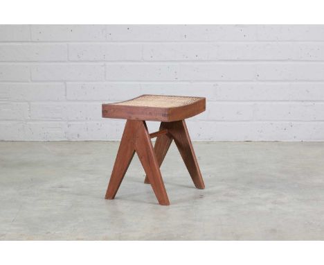 A teak 'Compass' stool,1955-56, designed by Pierre Jeanneret (1896-1967) for Chandigarh, with a cane seat, inscribed 'S33',39