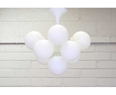 An 'Atomic' white chandelier, 'Model No. 2720', designed by E R Nele for Temde, Switzerland, fitted with nine glass globe sha